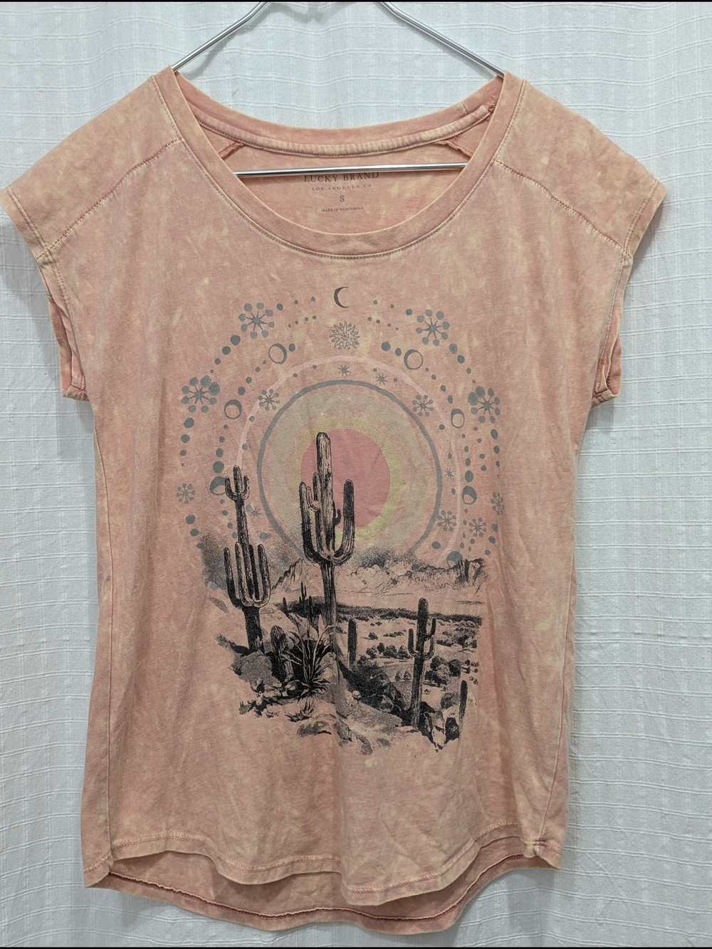 Lucky Brand Desert Cactus Celestial Graphic Tee Acid Wash Peach Pink Size Small